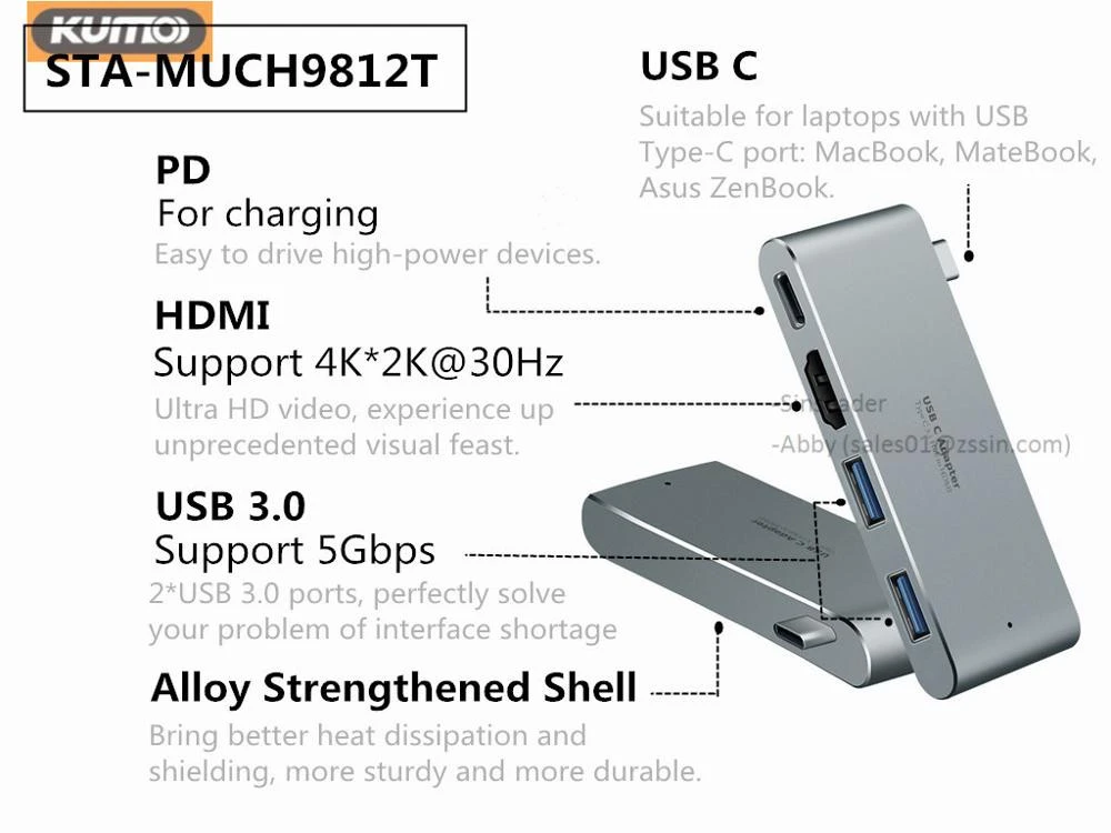 Aluminum alloy USB Type-C 4 in 1 hub, C to HDMI + 2*USB3.0 +PD (for charging) converter