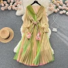 Autumn Womens Mesh Long Dress V Neck Floral Long Sleeve French A-Line Dress Pleated Gradient Color Fashion Sweet Long Skirt
