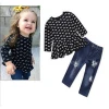 Baby Kids Girls Clothing Set Long Sleeve Tops Jeans Ripped Pants Set Outfit