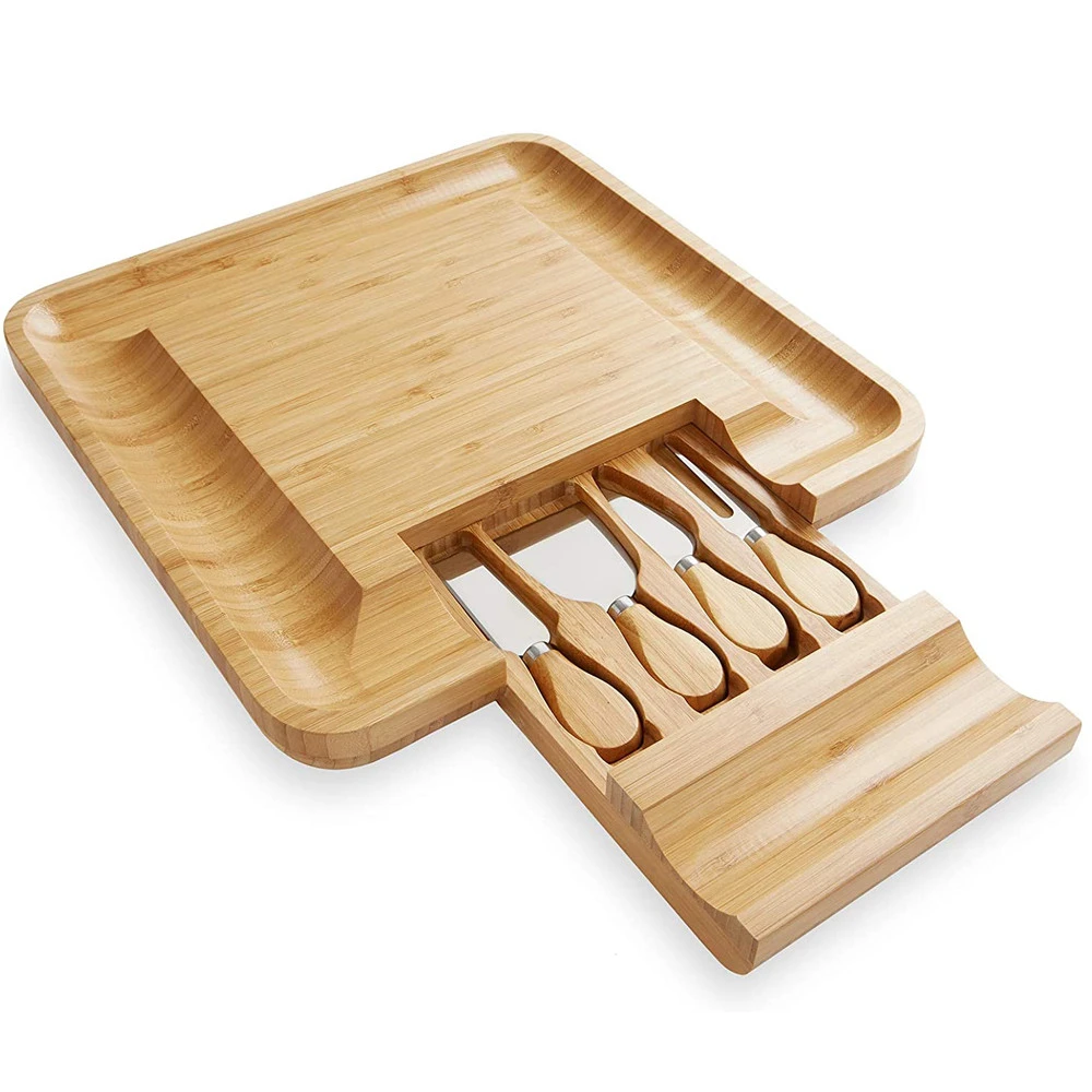 Bamboo Cheese Cutting Board &amp; Knife Gift Set - Wooden Serving Tray for Charcuterie Meat Platter