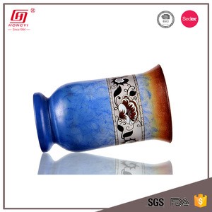 Best selling home decoration lead free fancy glaze big blue glass showpiece glass vases