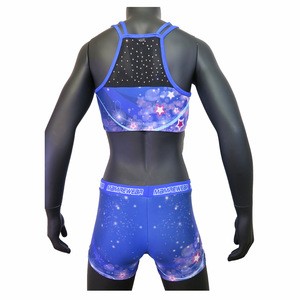 Breathable mesh rhinestones cheer sports bra and short,bright colors cheer dance costumes,sublimated cheer crop and short OEM