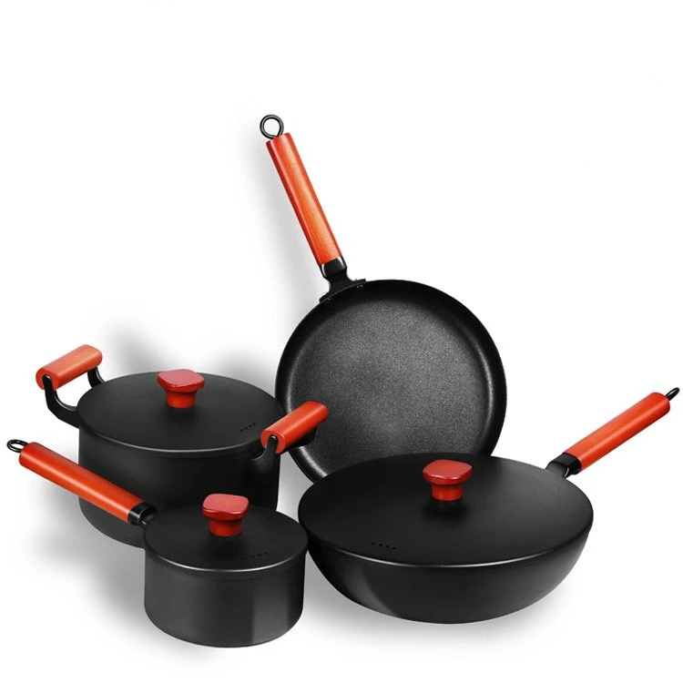 Cast Iron non stick cookware sets kitchenware with soup pot milk pot frying pan and wok pan