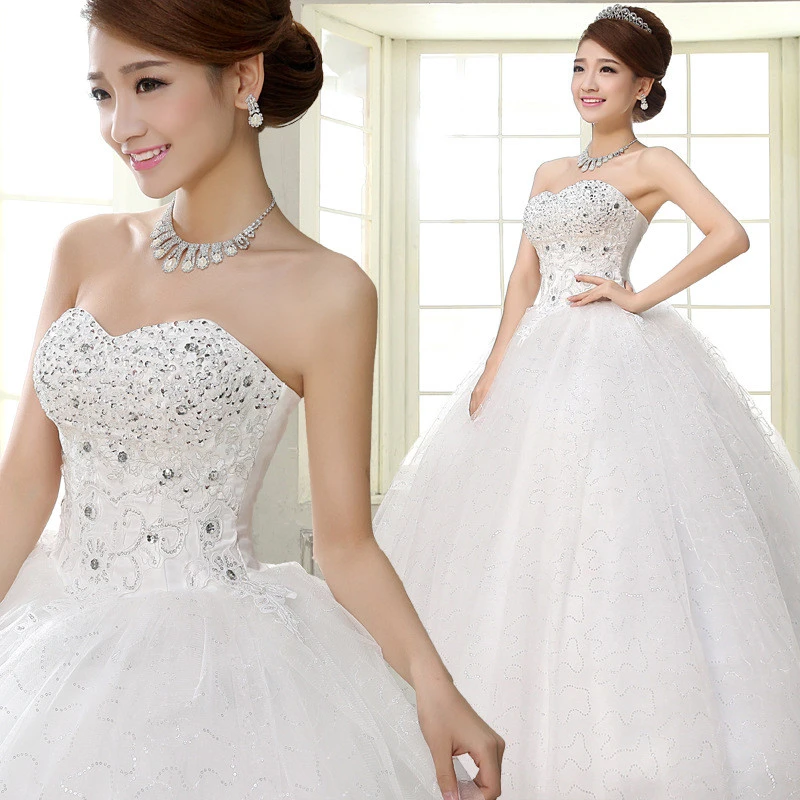 Cheap Stock Strapless Wedding Dresses Ruffled Plus Size Corset Bridal Gown with Lace-up back