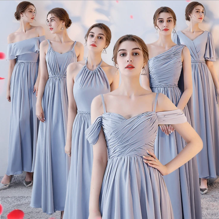 Chinese Supplier Six Types Chiffon Off Shoulder Bridesmaid Dress Blue Pink