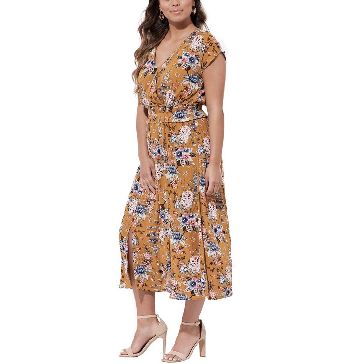 Clearance Sale Simple Fashion Floral Print Chiffon Maxi Dress With Brown