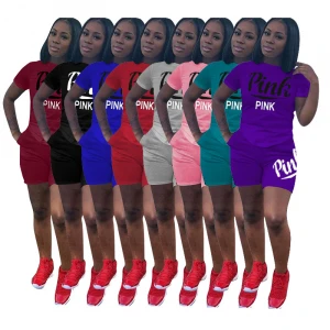 Clothes Women Fashion 2021 Summer Short Sleeves PINK printed shirt and pants Set 8 colors