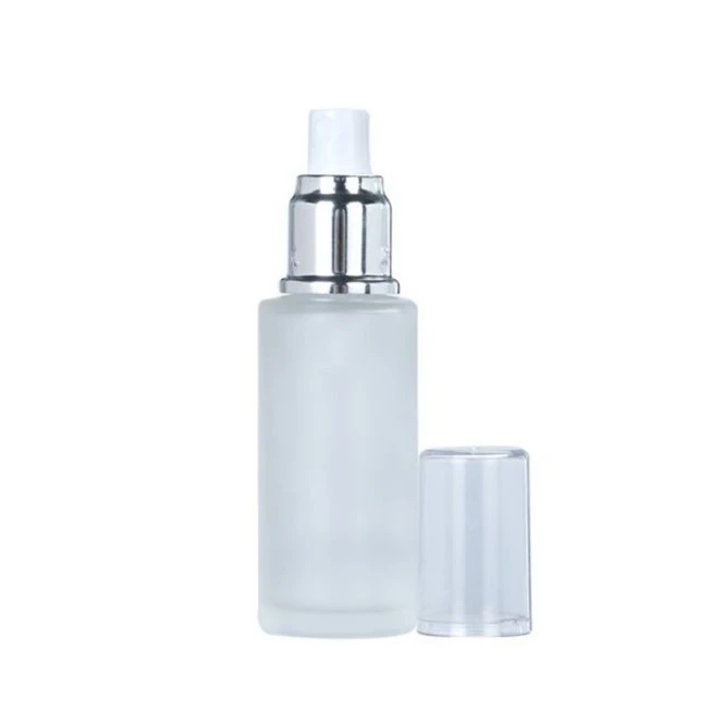 Cosmetic packaging 30ml flat shoulder clear frosted glass spray bottle 30ml serum bottle with pump