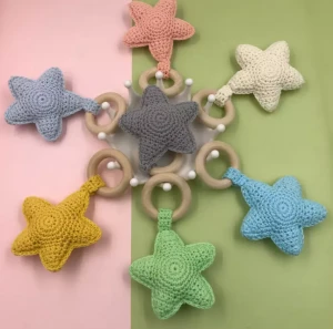 Crochet Rainbow Baby Teething Toy Beach Wood Ring