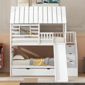 Custom high quality bunk beds for children, boys, girls and teens with slides as well as stairs and drawers