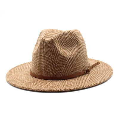 Custom High Quality Stylish All-Match Ladies Wide Brim Wool Felt Stripes Fedora Hat With Brown Hat Belts Wholesale