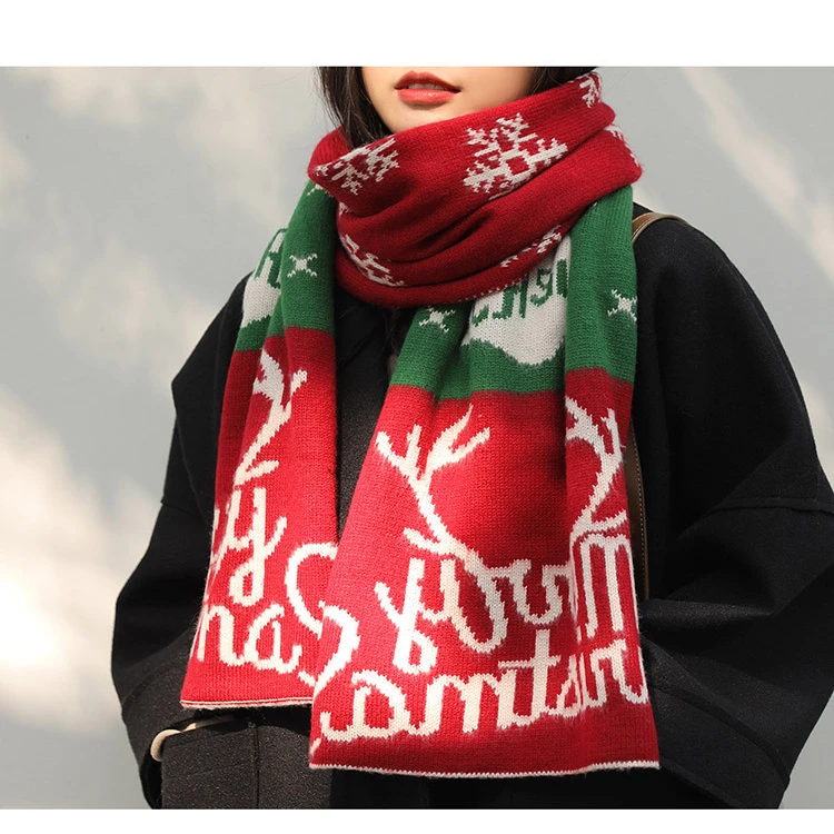 Cute reindeer wine red knitted scarf thick warmer soft winter scarf christmas present for girls scarves christmas gift for women