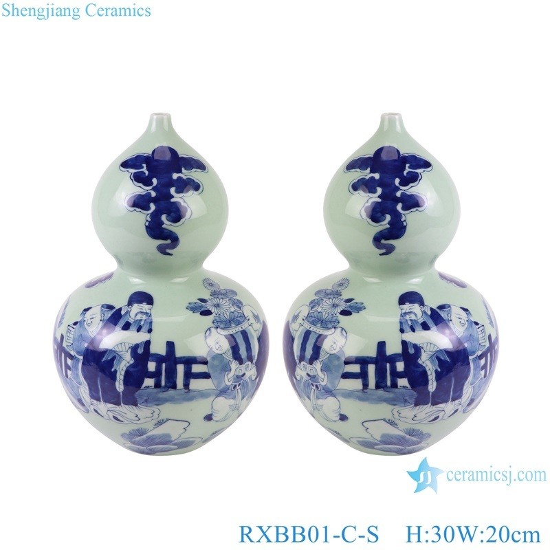 Cyan Color Jingdezhen Blue and White Porcelain Character Design Ceramic Gourd Shape Flower Vase