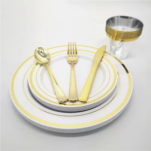 Disposable Plastic Dinnerware Set, 150 Pieces Disposable Gold Dinnerware Set For Parties