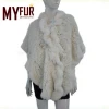 Fashion womens cape lace floral pattern white fur trim shawl for lady with real rabbit fur