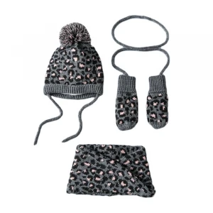 Fashionable For Kid Leopard Jacquard Warm Beanie Hat With Pom Pom Scarf Gloves