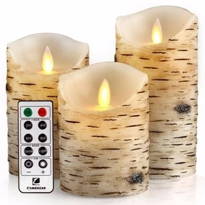 flameless candles, Candles Birch Set of 4" 5" 6" Birch Bark Battery Candles Real Wax Pillar with Remote Timer
