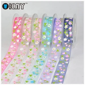 Gift wrapping flower printed organza ribbon for wedding decoration