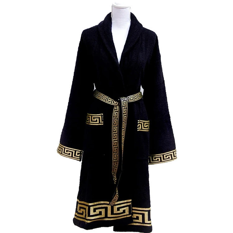 gold embroidered logo baroque bath robe embossed black cotton bathrobe for man