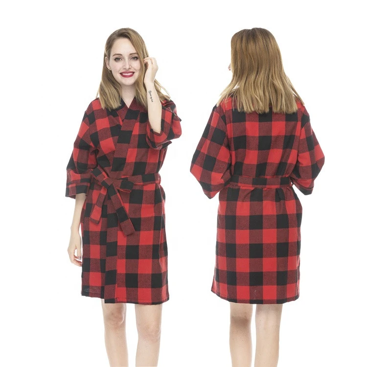 High Quality Cotton Robe Yarn Dyed Plaid Robe For Women Flannel Robe