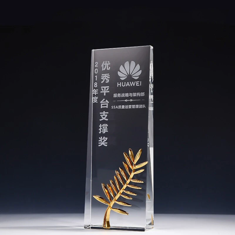 High Quality k9 Crystal Plaque With Metal Olive Leaf Crystal Award Crystal Glass trophy awards