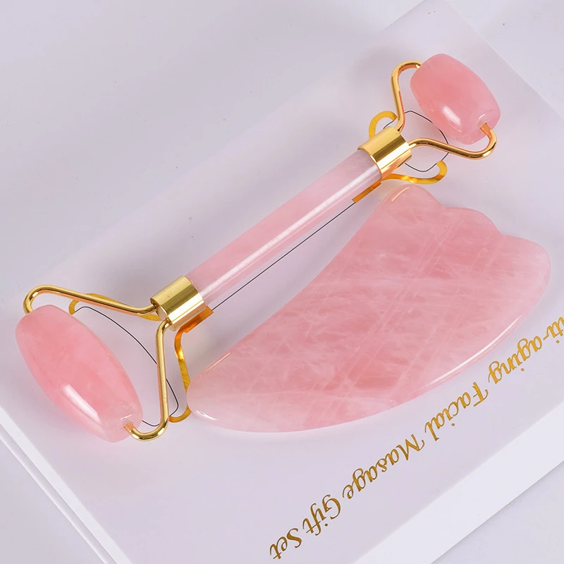 High quality Natural Jade Roller Pink Crystal Slimming Facial Massager Rose Quartz Massager Roller with guasha set