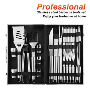 High quality outdoor barbecue tools kit 26pcs with aluminium case bbq grill tool