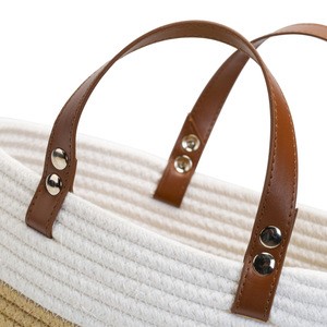 High Quality Stripe Small Cotton Storage Baskets With Leather Handles
