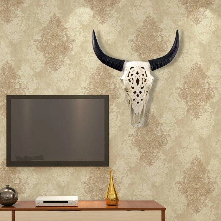 Home originality white tribal engraved steer resin animal skull hanging sculpture cow head wall decoration