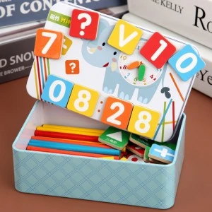Hot Sale Kids Tin Box Math Counting Wooden Stick Clock Learning toys
