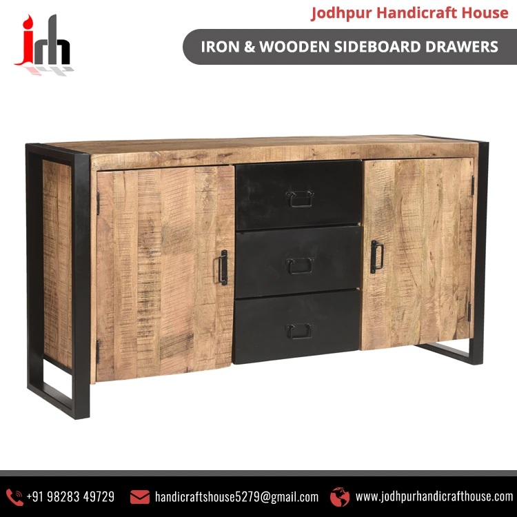 Iron & Wooden Home Furniture - 2 Sliding Door & 3 Drawers Vintage Sideboard from Trusted Supplier