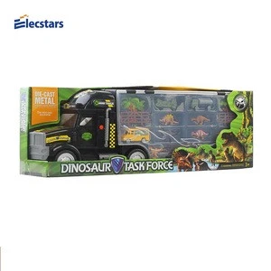 kids favorite toys Dinosaur transport car carrier truck toy with 6 mini plastic dinosaurs and 4 diecast cars carton tracks