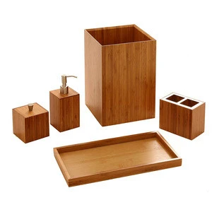 luxury bathroom accessories made of natural bamboo soap dispenser, towel tray, toothbrush holder