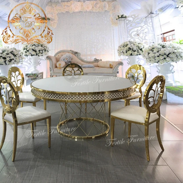 Luxury restaurant living room furniture golden stainless steel dining table and chair set
