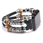 Luxury Stainless Steel Wooden Bead Pu Strap Iphone Apple Smart Watch Band For Sport