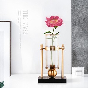 Modern simple light luxury metal glass  vase metal glass candlestick hotel home crafts decoration post modern glass vase