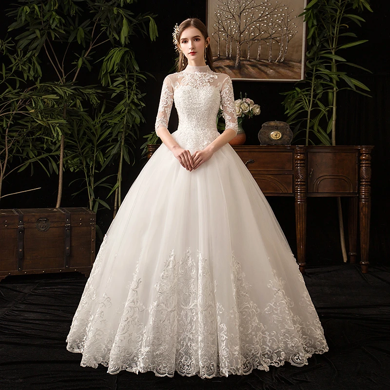 New Fashion Luxury Lace High neck Half sleeve Floor-Length Hemline and Bride Use Wedding Dress Bridal Gown