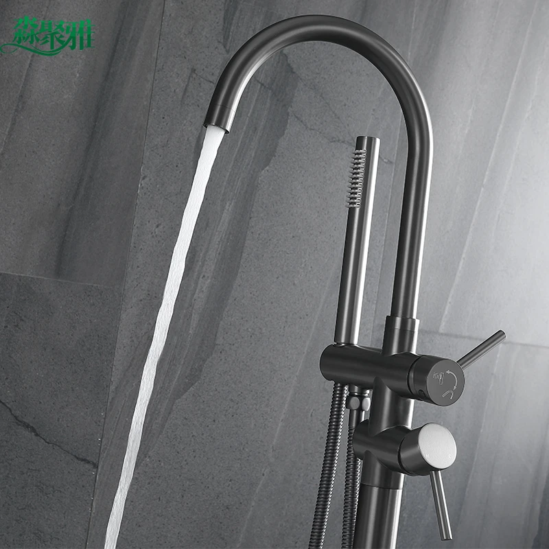 new model  brass black freestanding  freestanding bathtub faucet   with hand shower floor mount bathtub  taps bathroom