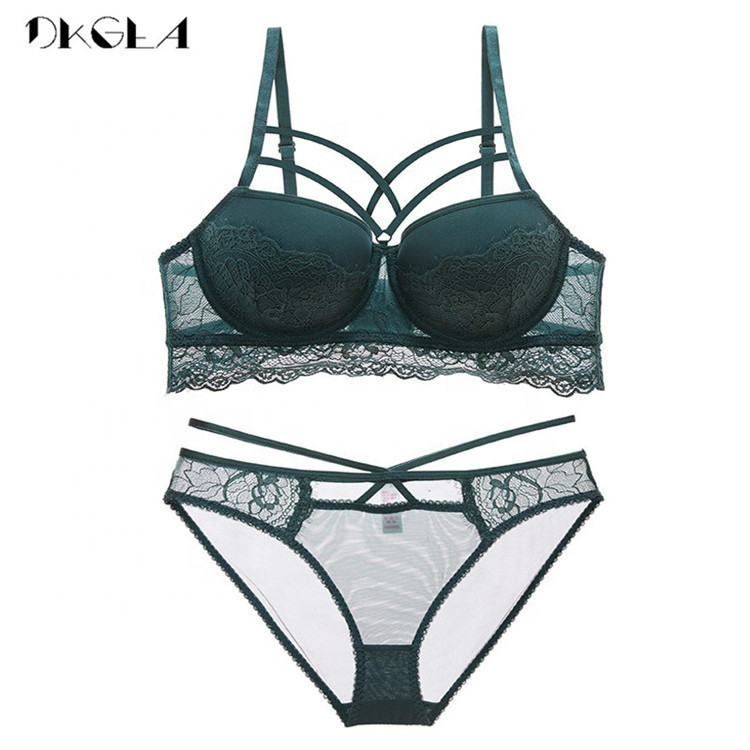 Fashion Bandage Black Push Up Bra Set Sexy Lingerie Lace Embroidery Brassiere Gather Thick Cotton Underwear Set Women Bras Green