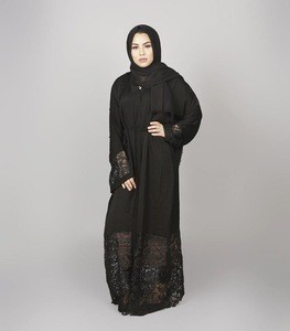 OEM New Arrival Muslim Kimono Abaya Free Size Islamic Clothing Black Lace Front Open Dubai Abaya