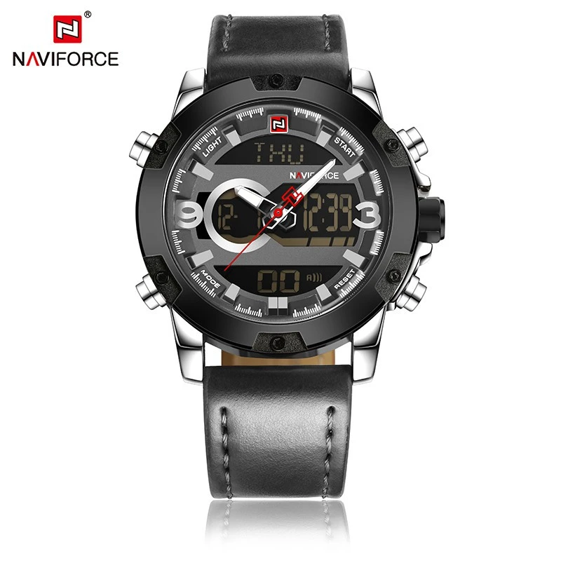 Original Brand Naviforce 9097 Men&#39;s Watches Luxury Genuine Leather Military Waterproof Sports Digital Quartz Dual Time Watch
