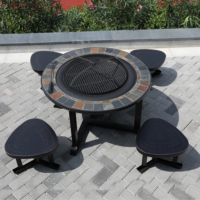 Patio Garden Outdoor furniture Galvanized steel Cast Iron outdoor furniture BBQ fire pit table with ceramic tiles