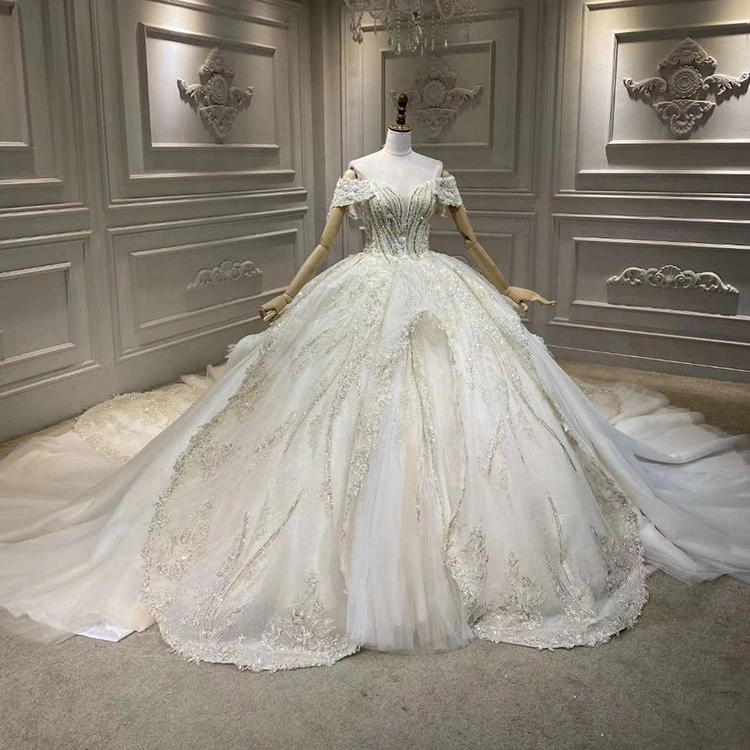 polyester lace fabric floor length chapel train white net v-neck sleeveless off-shoulder champagne bridal wedding dress
