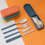 Portable reusable removable Wheat Straw Utensils including Biodegradable Chopsticks Spoon Knife Fork Tableware Set with Case