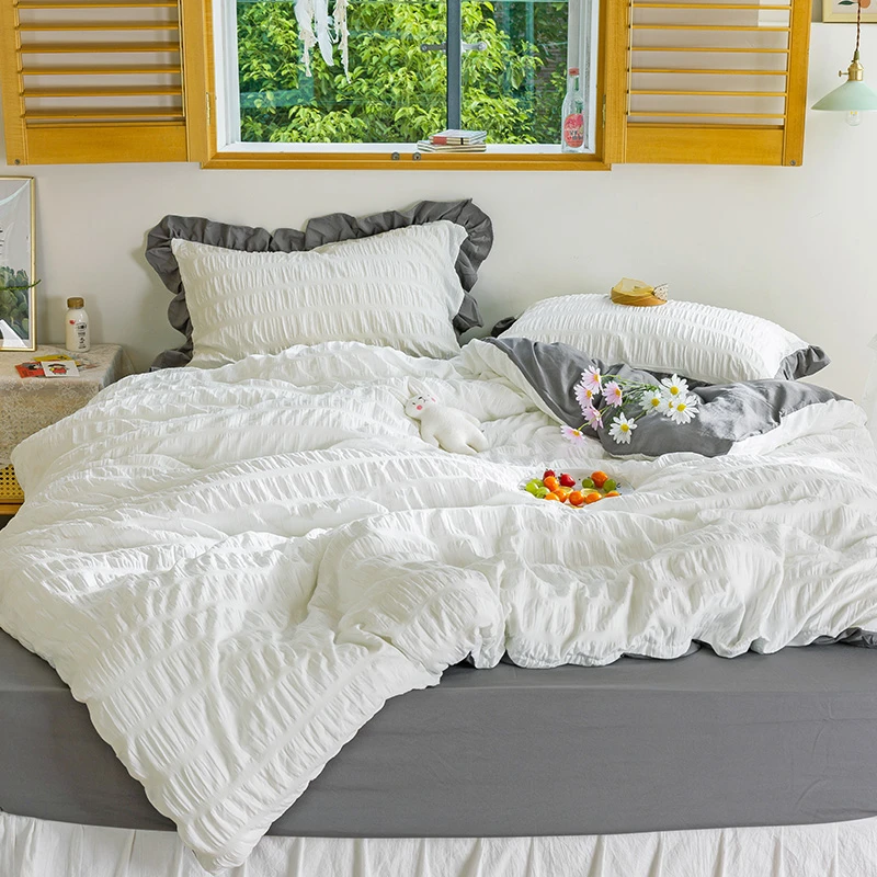 Princess style bedding set AB version seersucker + washed cotton flounce design sheet pillow case four piece set