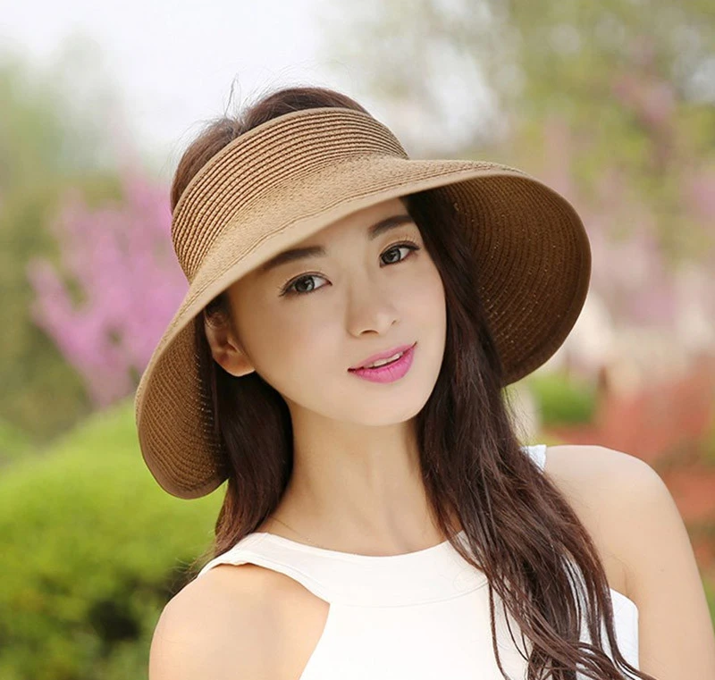 Promotional Fashionable Ladies Chapeau Femme Summer Brown Natural Straw Sun Visor Hat