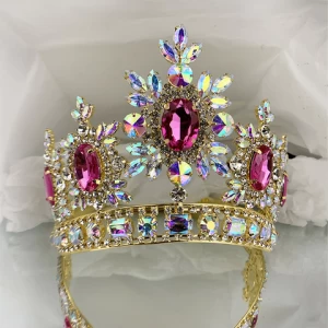 Queen Bridal Headdress Crown AB Color Crystal Rhinestone Large Beauty Golden Crown for Pageant