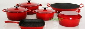 Red enamel cast iron cookware set with beautiful design