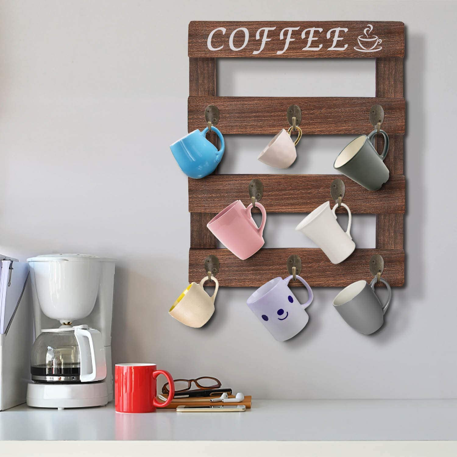 Buy Rustic Coffee Mug Rack Wall Mounted Wood Cups Rack Organizer 12 ...