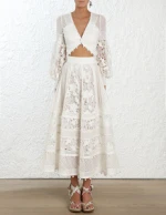  v neck woman bishop sleeves floral lace embroidered crop top pleated long dresses  halter hollow out prom evening dress